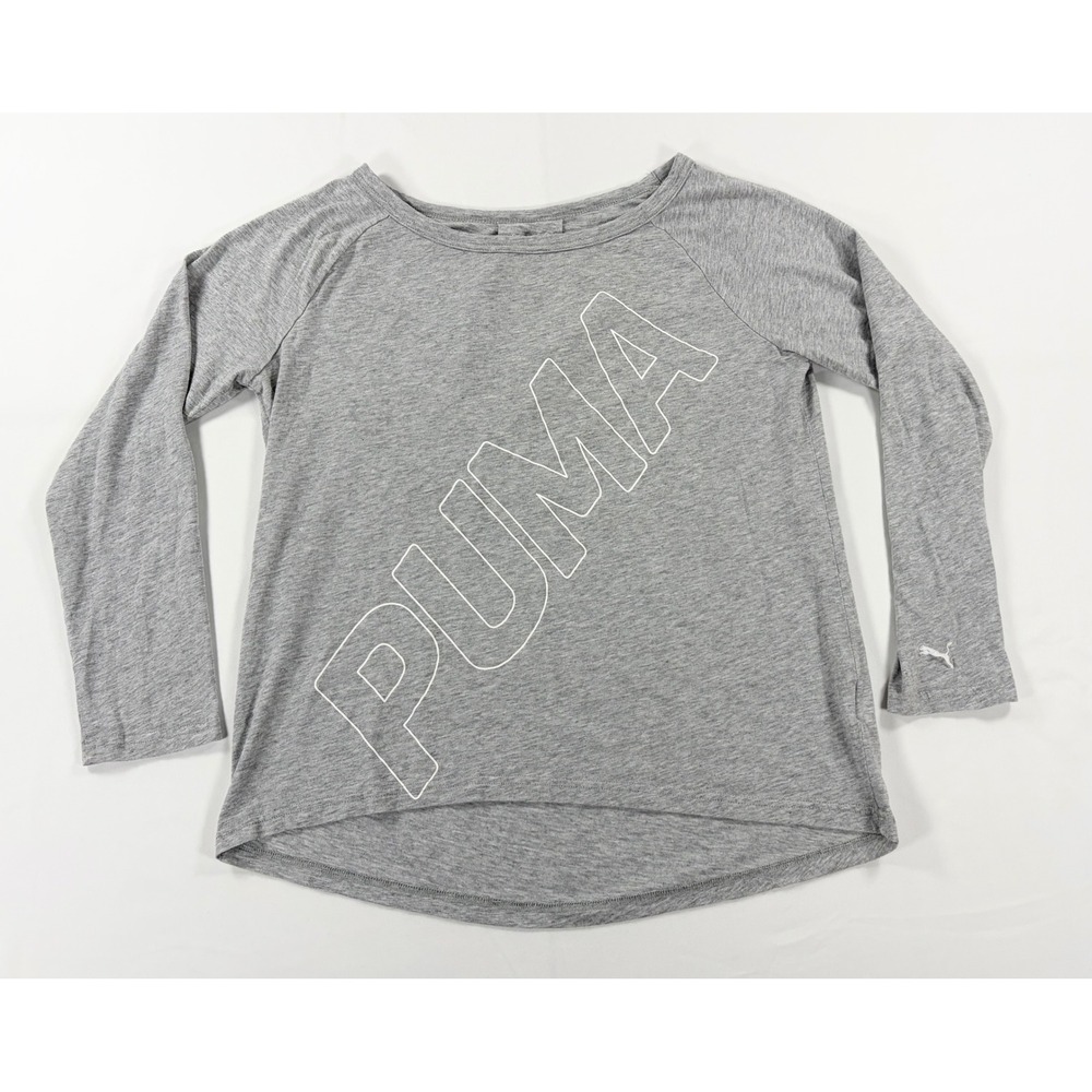Puma Womens M Gray Drop Shoulder Logo Top Balletcore Athleisure Long Sleeve